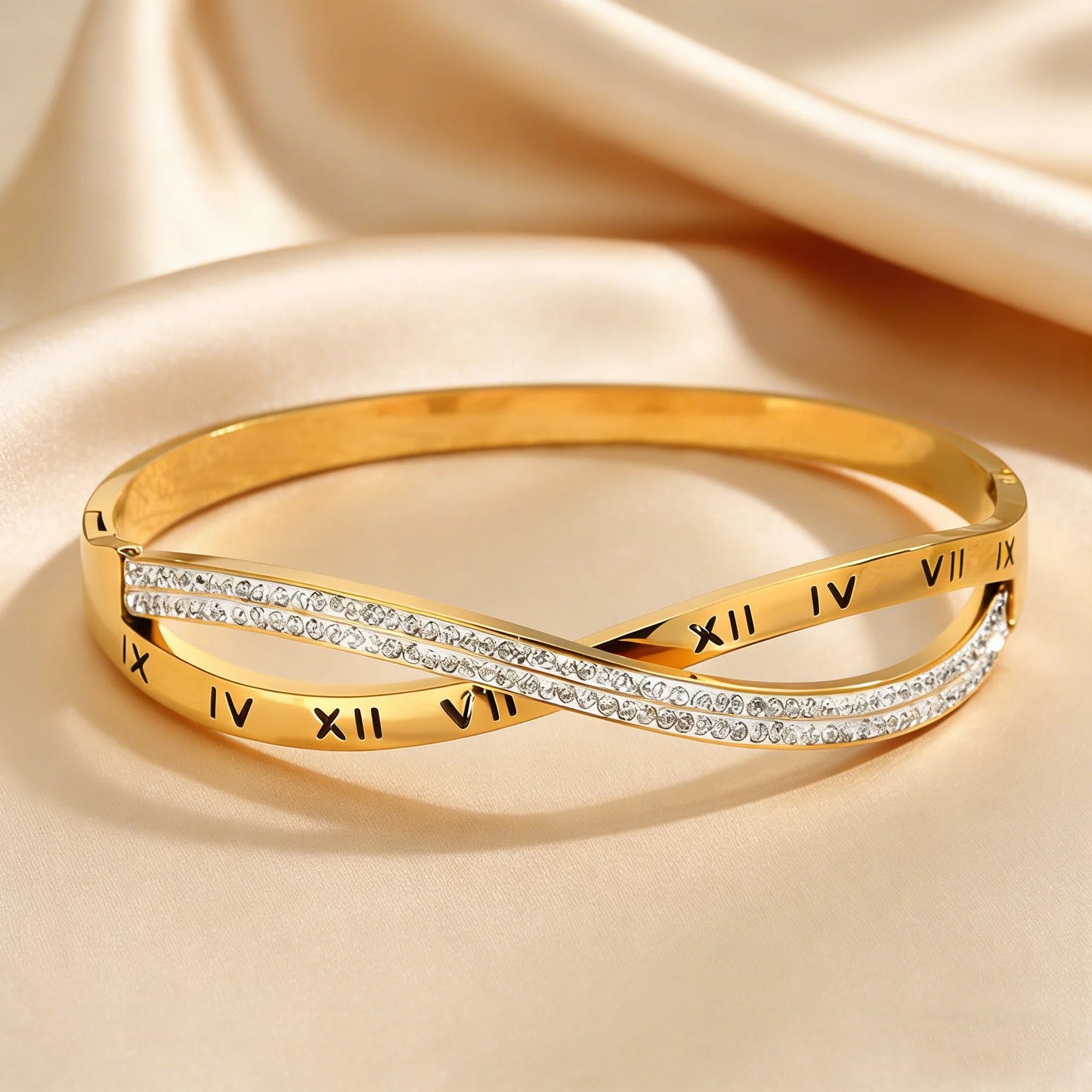 Trendy Classic Crossed Cubic Zircon Bracelets for Women Stainless Steel Layered Roman Numeral Bangles Luxury Jewelry Gift