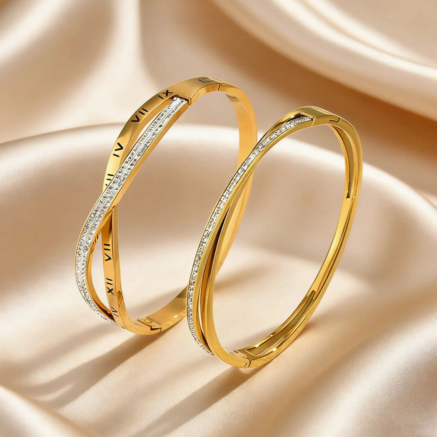 Trendy Classic Crossed Cubic Zircon Bracelets for Women Stainless Steel Layered Roman Numeral Bangles Luxury Jewelry Gift