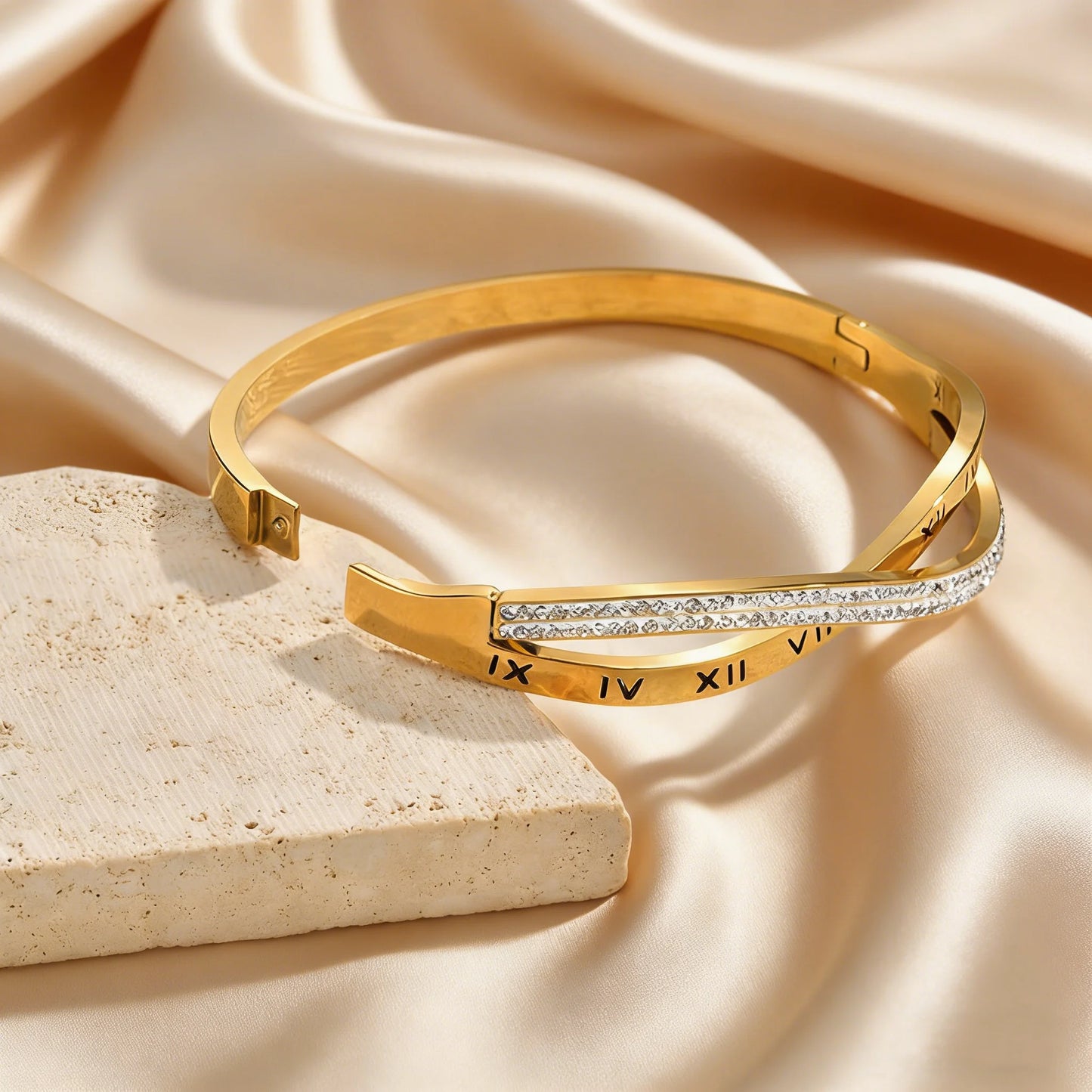 Trendy Classic Crossed Cubic Zircon Bracelets for Women Stainless Steel Layered Roman Numeral Bangles Luxury Jewelry Gift